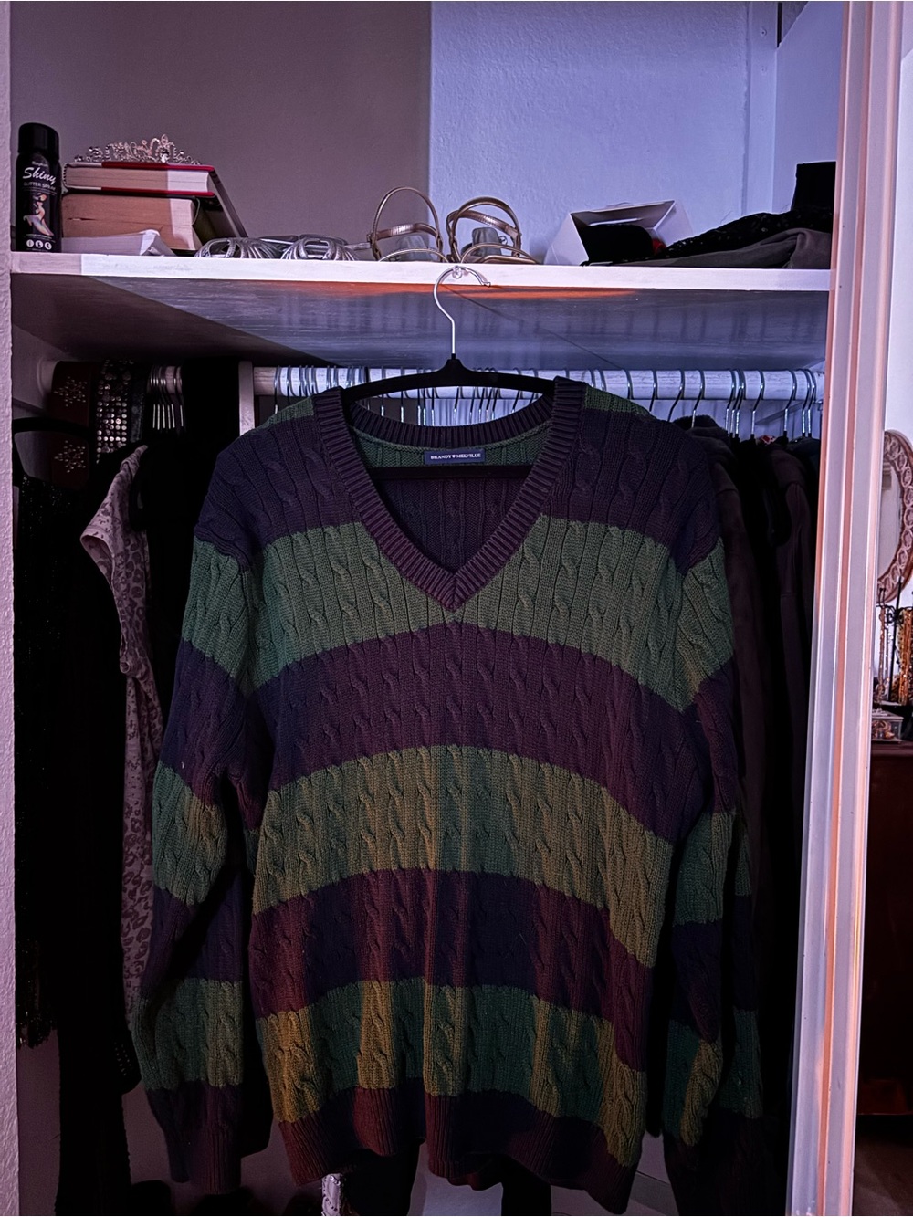 Brandy Melville Women’s Striped V-Neck Sweater - Green & Navy Blue